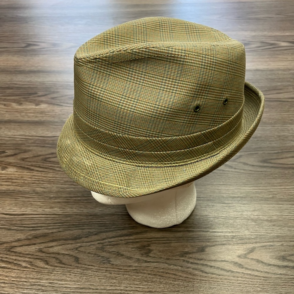 Vintage Olive, Rust & Blue Plaid Fedora Hat L 7 1/2-7 5/8